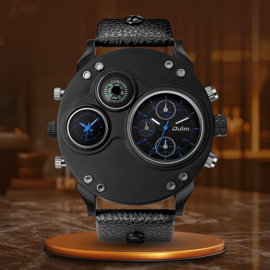 Black Leather Double Time Zone Quartz Watch